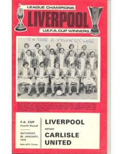 Liverpool v Carlisle United official programme 26/01/1974, some notes in pen on the front