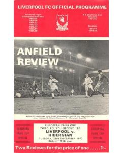 Liverpool v Hibernian European Fairs Cup Third Round Second Leg official programme 22/12/1970