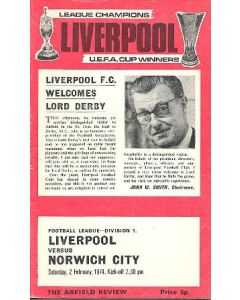 Liverpool v Norwich City official programme 02/02/1974