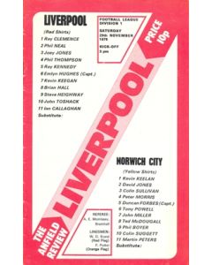 Liverpool v Norwich City official programme 29/11/1975