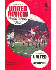 Manchester United v Liverpool official programme 13/09/1969 token cut, half price