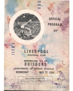 Duisburg v Liverpool In Detroit 27/5/1964 Official Programme