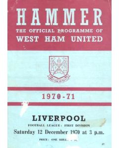 West Ham United v Liverpool official programme 12/12/1970