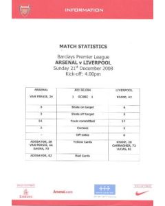 Arsenal v Liverpool match statistics 21/12/2008