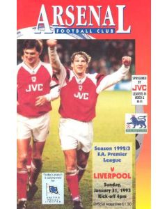 Arsenal v Liverpool official programme 31/01/1993 Premier League