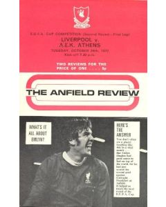 Liverpool v AEK Athens UEFA Cup official programme 24/10/1972
