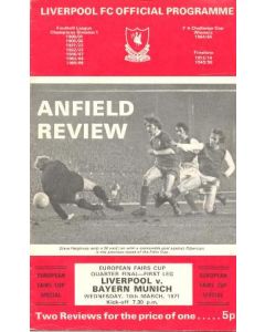 Liverpool v Bayern Munich European Fairs Cup Quarter Final First Leg official programme 10/03/1971