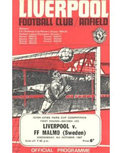 Liverpool v Malmo, Sweden official programme 04/10/1967