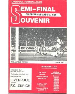 Liverpool v Zurich official programme 20/04/1977 European Cup Semi-Final