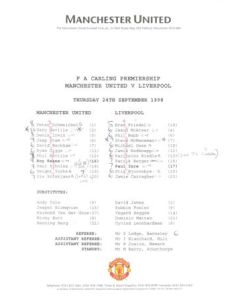 Manchester United v Liverpool teamsheet 24/09/1998 Premier League