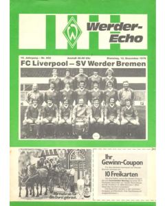 Werder Bremen v Liverpool official programme 12/12/1978